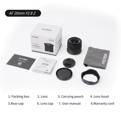 Viltrox AF 20mm f/2.8 Z box contents: lens, hood, pouch, caps, manual and warranty card