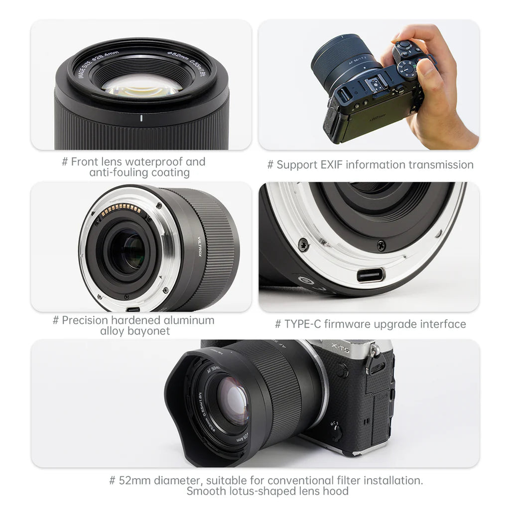 Viltrox AF 56mm f/1.7 features: coated front element, EXIF support, metal mount, USB-C