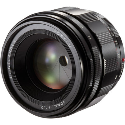 Voigtlander Nokton 40mm f/1.2 Aspherical lens for Sony E, angled view of the front element