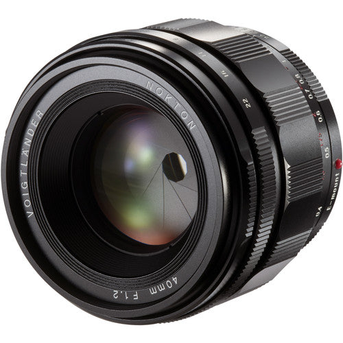 Voigtlander Nokton 40mm f/1.2 Aspherical lens for Sony E, angled view of the front element