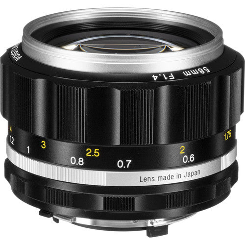 Voigtlander Nokton 58mm f/1.4 SL IIs lens for Nikon F with silver ring, side view