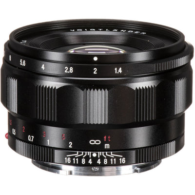 Voigtlander Nokton Classic 35mm f/1.4 lens for Sony E-mount, black, front view with scales