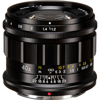 Voigtlander Nokton 40mm f/1.2 Z lens, front view with aperture and focus scales