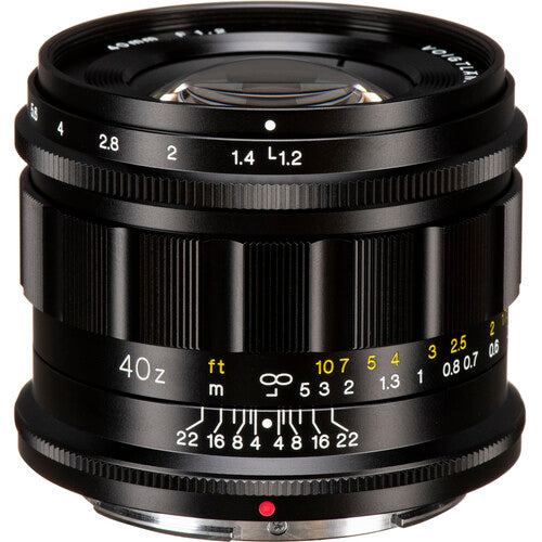 Voigtlander Nokton 40mm f/1.2 Z lens, front view with aperture and focus scales