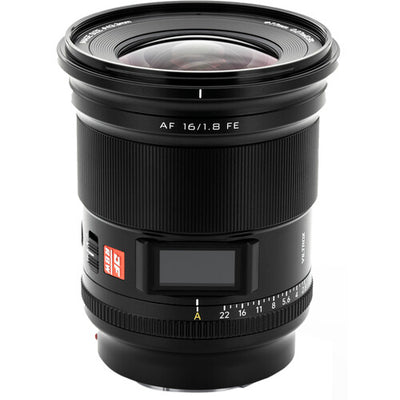 Viltrox AF 16mm f/1.8 FE full-frame wide-angle autofocus lens for Sony E-mount, with LCD screen