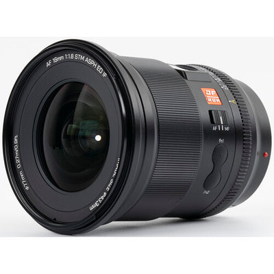 Viltrox AF 16mm f/1.8 FE lens, angled view of the AF/MF switch and Fn buttons