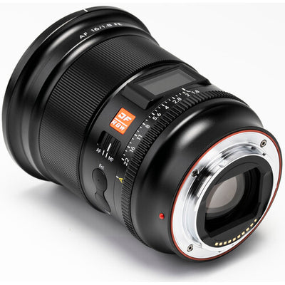 Viltrox AF 16mm f/1.8 FE Sony E-mount rear view with LCD screen and aperture ring