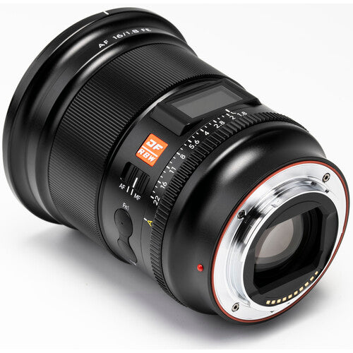 Viltrox AF 16mm f/1.8 FE Sony E-mount rear view with LCD screen and aperture ring