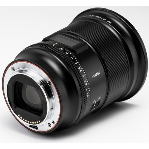 Viltrox AF 16mm f/1.8 FE rear mount and aperture click switch, angled view