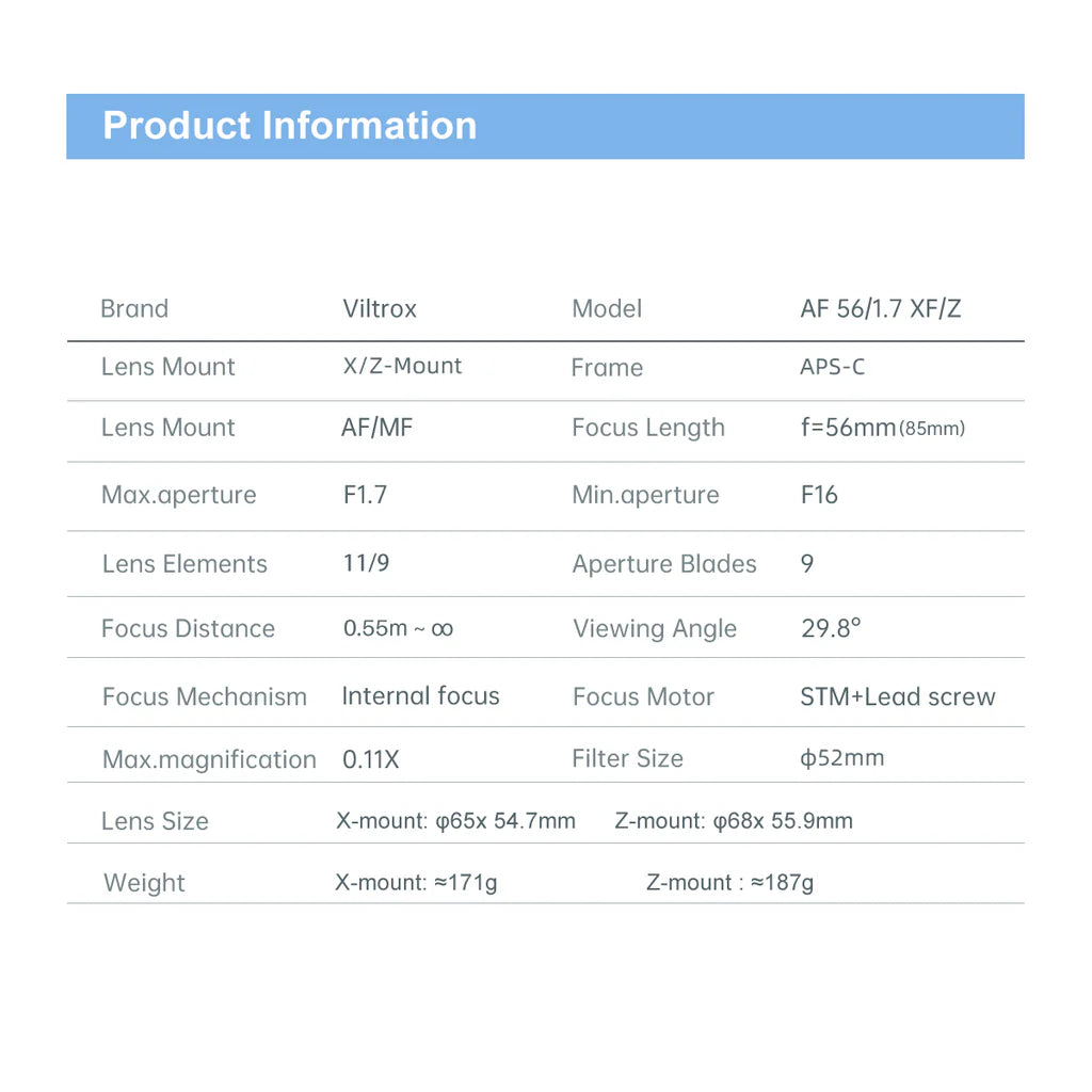 Viltrox AF 56mm f/1.7 specifications for X and Z mounts: APS-C, 11 elements in 9 groups, 52mm filter