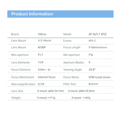 Viltrox AF 56mm f/1.7 specifications for X and Z mounts: APS-C, 11 elements in 9 groups, 52mm filter