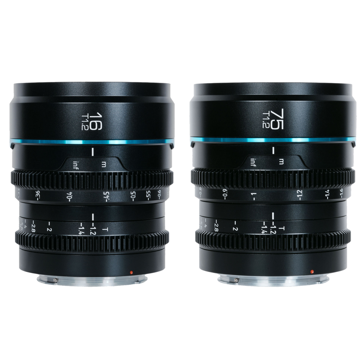 Sirui Night Walker 16mm and 75mm T1.2 S35 cine lenses in black, side by side