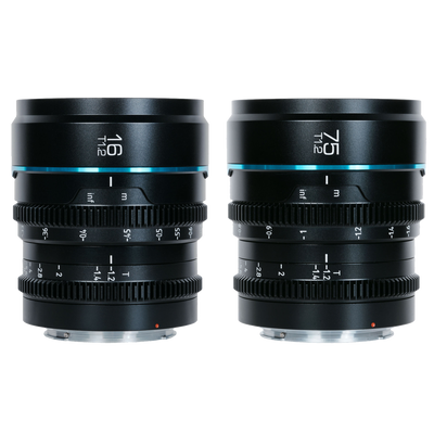Sirui Night Walker 16mm and 75mm T1.2 S35 cine lenses in black, side by side