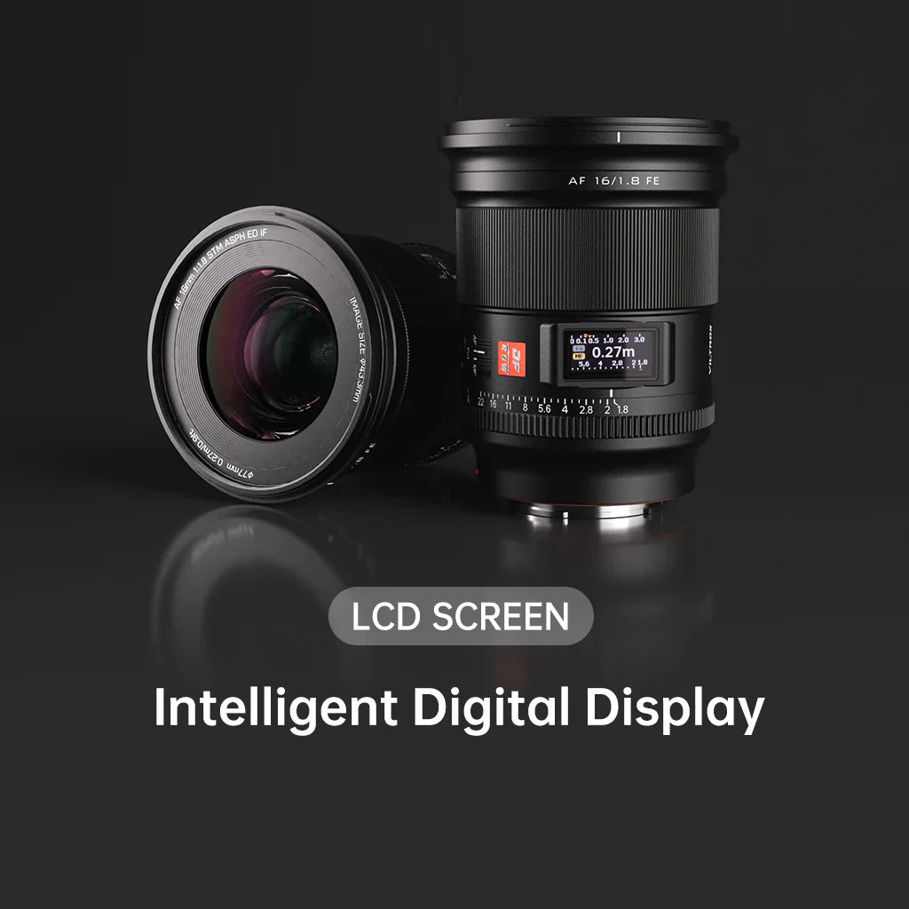 Viltrox AF 16mm f/1.8 lenses showing the built-in LCD distance display