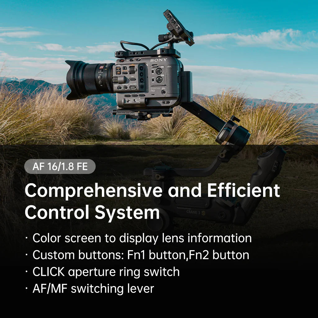 Viltrox AF 16mm f/1.8 on a cinema camera and gimbal, with list of lens controls