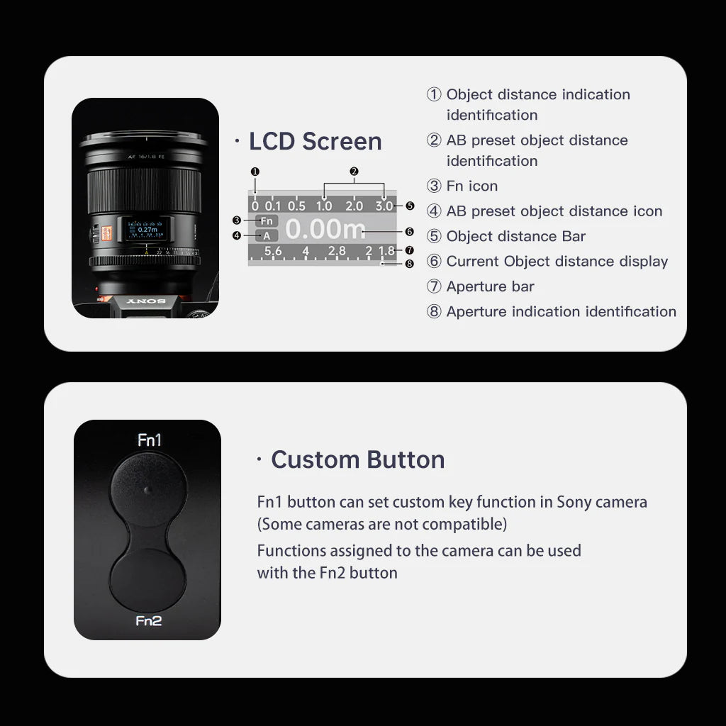 Viltrox AF 16mm f/1.8 FE LCD screen and Fn1 and Fn2 custom buttons explained