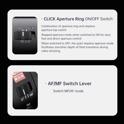 Viltrox AF 16mm f/1.8 aperture click on/off switch and AF/MF switch close-up