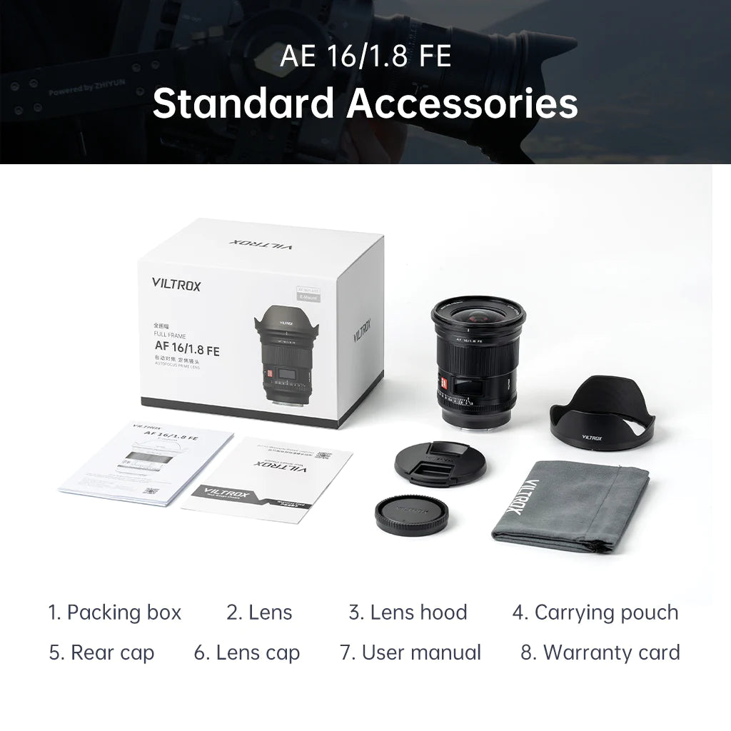 Viltrox AF 16mm f/1.8 FE box contents: lens, hood, pouch, caps, manual and warranty card