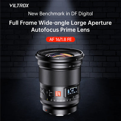 Viltrox AF 16mm f/1.8 FE full-frame wide-angle autofocus prime lens on a dark background