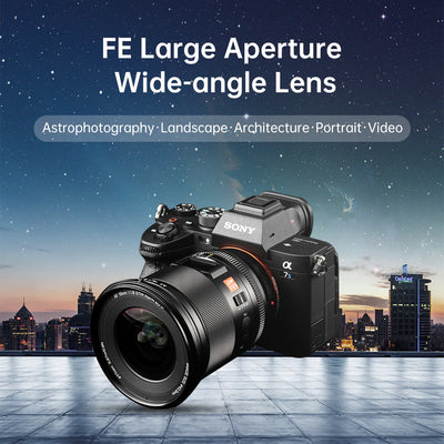 Viltrox AF 16mm f/1.8 FE on a Sony A7S III above a city skyline at dusk
