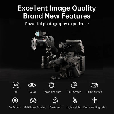Viltrox AF 16mm f/1.8 FE on a Sony camera and gimbal, with eye AF, LCD and click switch features