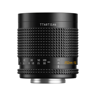 TTArtisan 250mm f/5.6 mirror lens, side view with focus scale