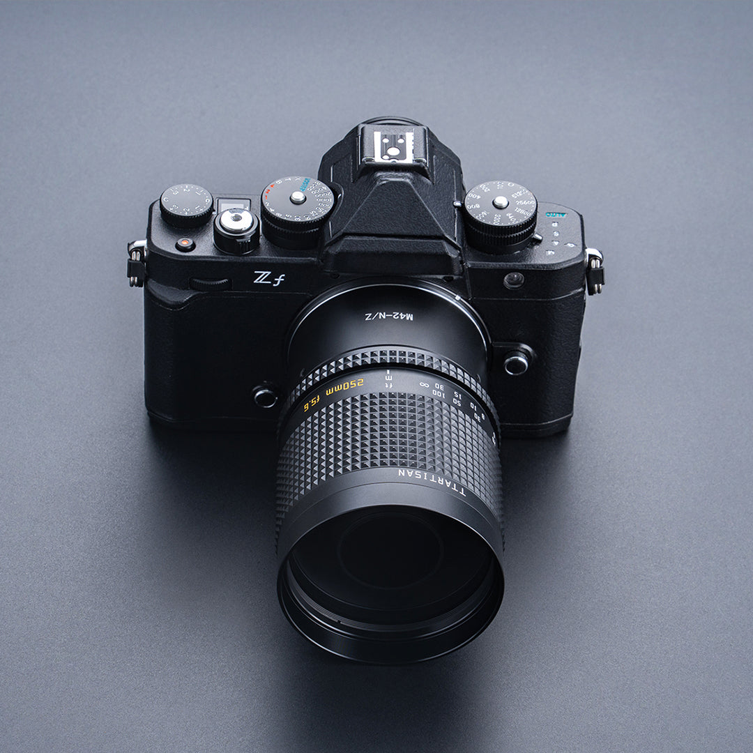 TTArtisan 250mm f/5.6 mirror lens on a Nikon Zf with an M42 adapter, top view
