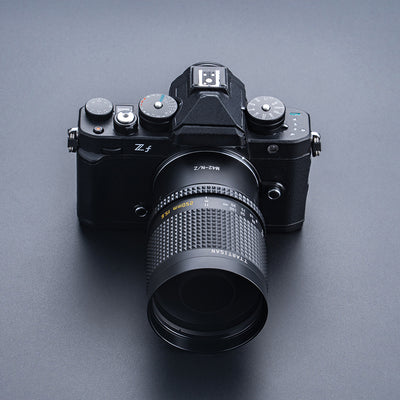 TTArtisan 250mm f/5.6 mirror lens on a Nikon Zf with an M42 adapter, top view