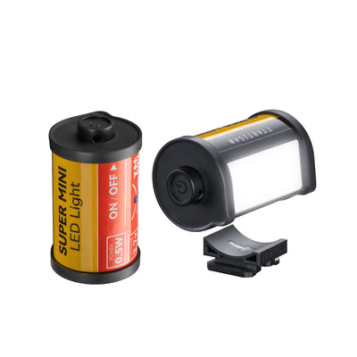 TTArtisan super mini LED light shaped like a film canister, with hot shoe mount