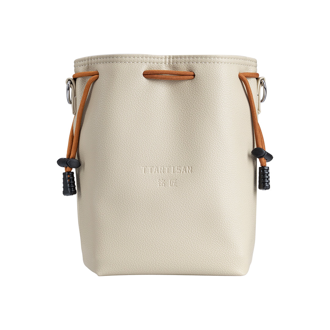 TTArtisan drawstring camera bag in cream PU leather with orange cords