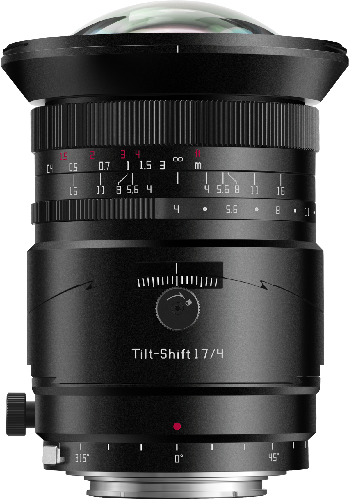 TTArtisan 17mm f/4 tilt-shift full-frame lens, front view with scales