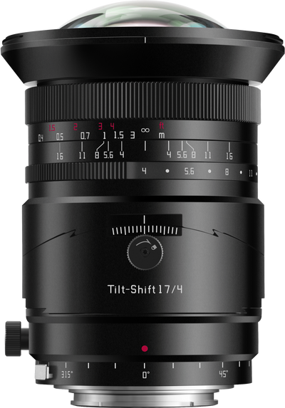 TTArtisan 17mm f/4 tilt-shift full-frame lens, front view with scales