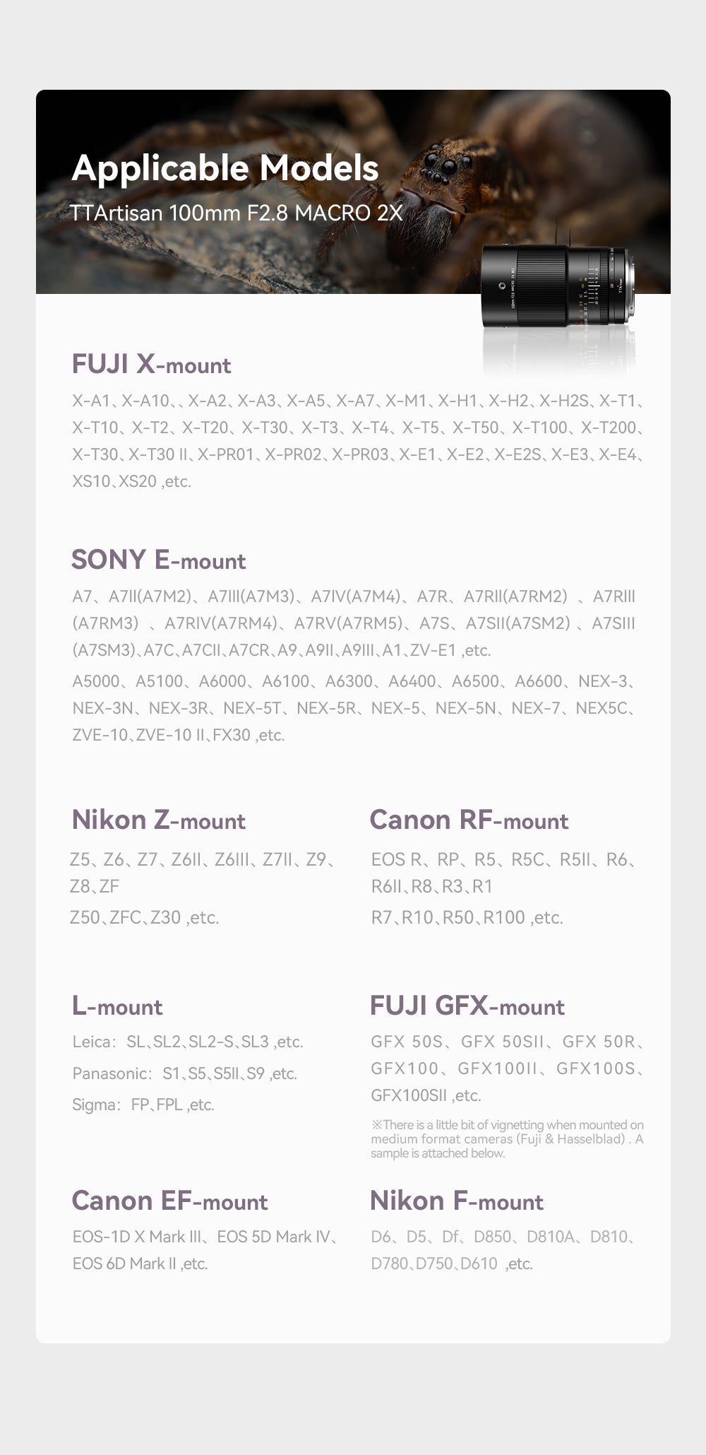 TTArtisan 100mm f/2.8 2x macro compatibility list for Fuji X, Sony E, Nikon Z, Canon RF, L, GFX, EF and F