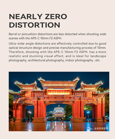 TTArtisan 10mm f/2 near-zero distortion: illuminated gate at night sample