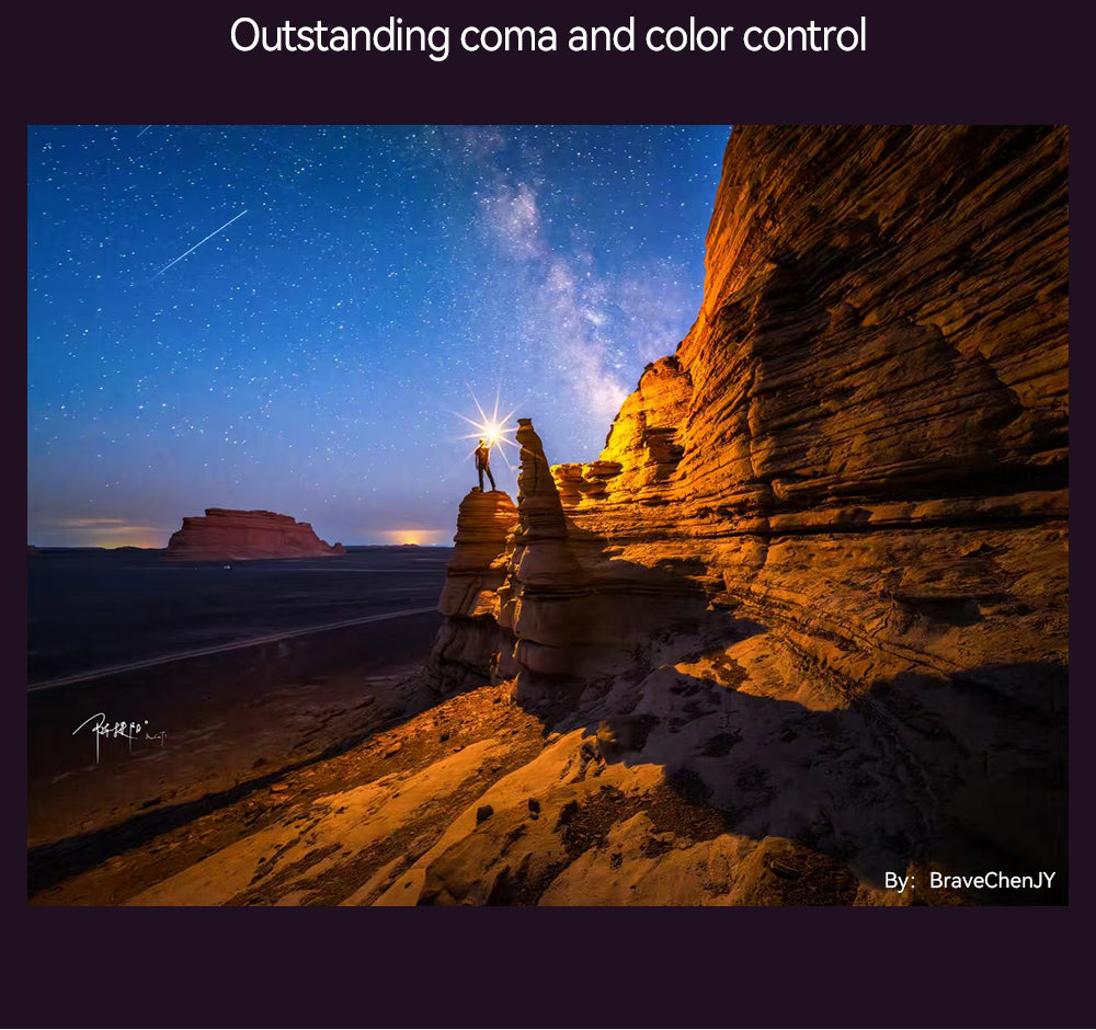 Milky Way over desert cliffs with a hiker, coma control sample from the TTArtisan 17mm
