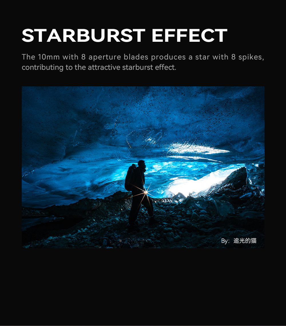 TTArtisan 10mm f/2 starburst effect: hiker in a blue ice cave