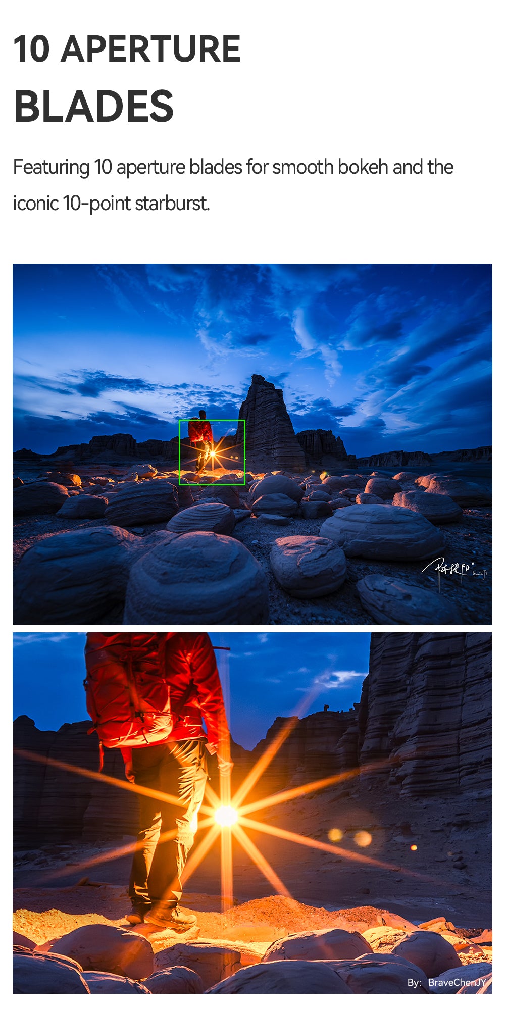 Hiker with a headlamp starburst in the desert, 10-blade aperture sample from the TTArtisan 17mm