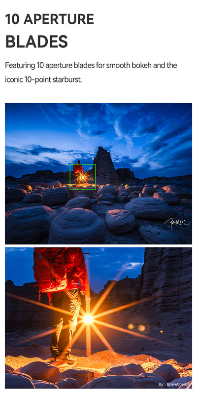 Hiker with a headlamp starburst in the desert, 10-blade aperture sample from the TTArtisan 17mm
