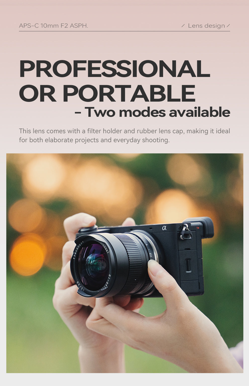 TTArtisan 10mm f/2 on a Sony camera, with filter holder and rubber cap options