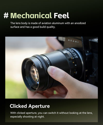 TTArtisan 100mm f/2.8 aluminium body with clicked aperture ring, in hand