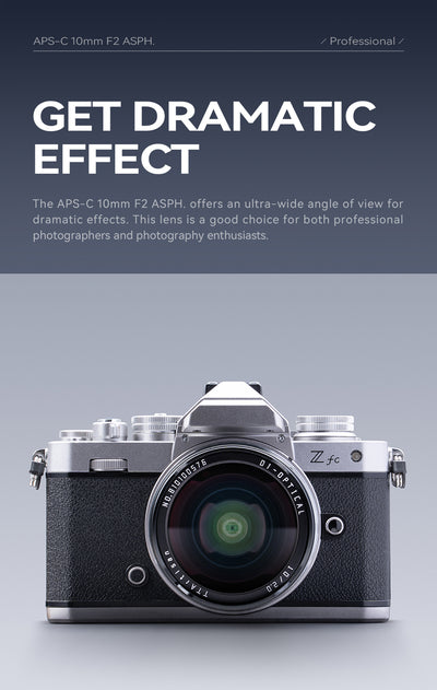 TTArtisan 10mm f/2 on a silver Nikon Z fc, front view