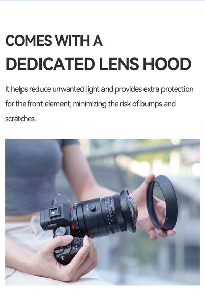 Woman holding a Sony camera with the TTArtisan 17mm tilt-shift and its lens hood