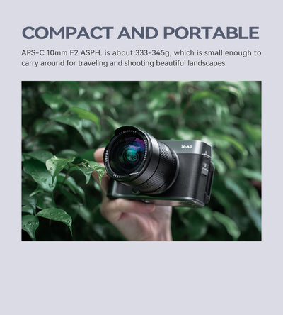 TTArtisan 10mm f/2 compact and portable, shown on a camera held among leaves