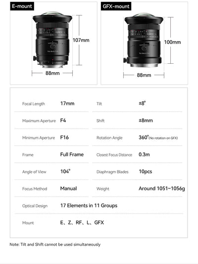 TTArtisan 17mm f/4 tilt-shift dimensions and specifications for E and GFX mounts