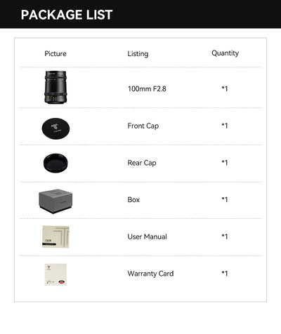 TTArtisan 100mm f/2.8 package list: lens, front cap, rear cap, box, manual and warranty card