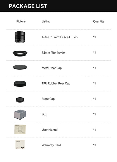 TTArtisan 10mm f/2 package list: lens, filter holder, caps, box, manual and card