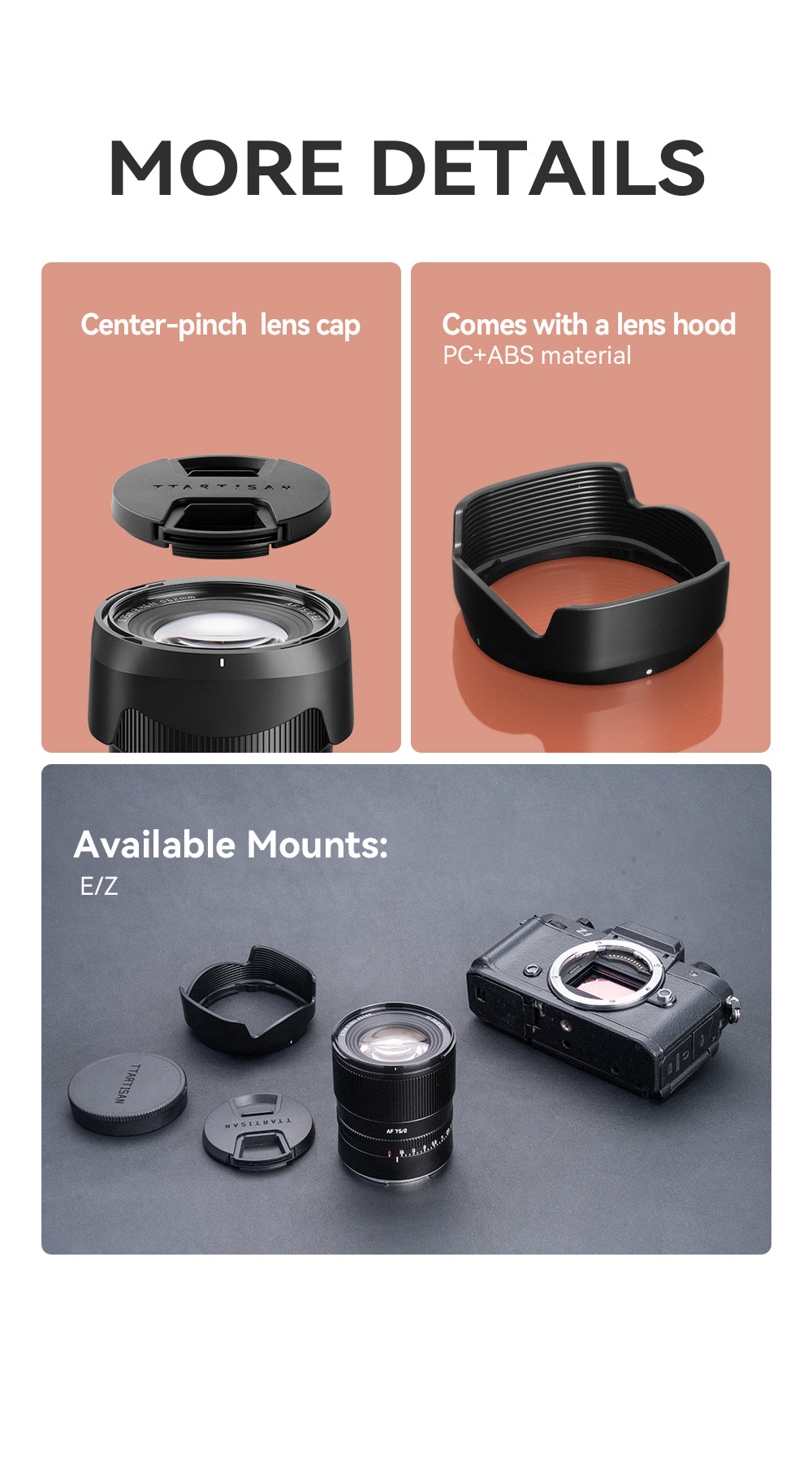 TTArtisan AF 75mm f/2 details: centre-pinch lens cap, lens hood and available mounts