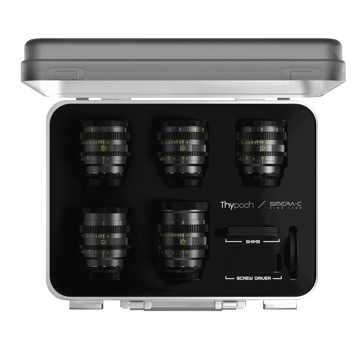 Thypoch Simera-C cine lens set in its open aluminium case with shims and screwdriver
