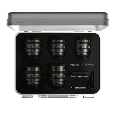 Thypoch Simera-C cine lens set in its open aluminium case with shims and screwdriver