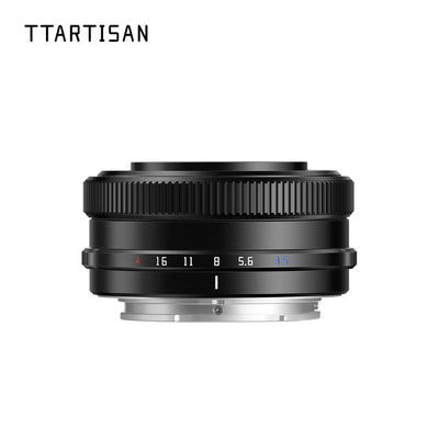 TTArtisan AF 14mm f/3.5 APS-C pancake autofocus lens in black, side view